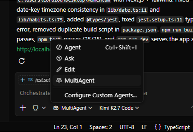 CSphere chat mode picker showing Ask, Edit, Agent, and Multi-Agent